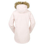 Volcom Women's Fawn Insulated Jacket - A light pink jacket with a fur-lined hood and zippered pockets.
