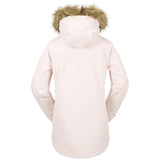 Volcom Women's Fawn Insulated Jacket - A light pink jacket with a fur-lined hood and zippered pockets.