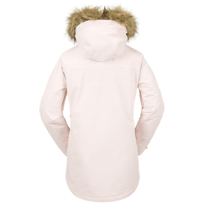 Volcom Women's Fawn Insulated Jacket - A light pink jacket with a fur-lined hood and zippered pockets.