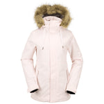 Volcom Women's Fawn Insulated Jacket - A light pink jacket with a fur-lined hood and two zippered pockets on either side.