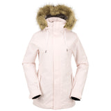 Volcom Women's Fawn Insulated Jacket - A light pink jacket with a fur-lined hood and two zippered pockets on either side.