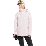 Volcom Women's Fawn Insulated Jacket 2024 - A light pink jacket with a hood, worn by a model in front of a white background.
