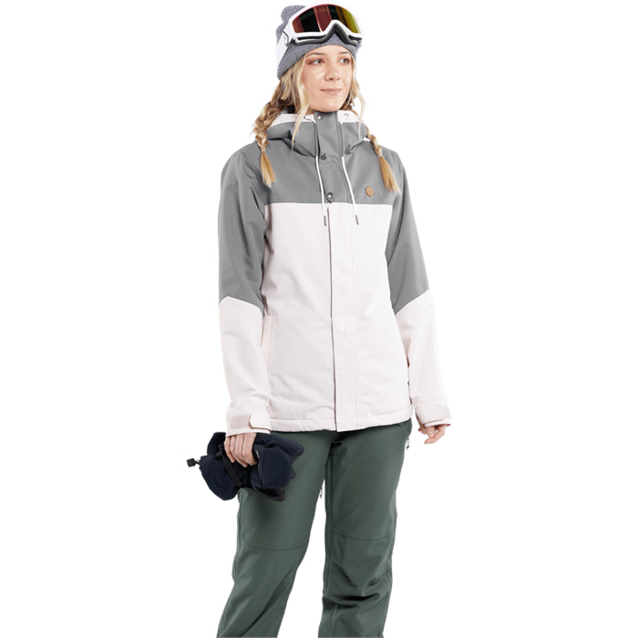 Volcom Women's Bolt Insulated Jacket - A grey, white, and black jacket with a hood, zippered pockets, and a snap-button closure.
