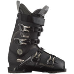 Salomon S-Pro-MV-100-Ski-Boots-2024 - Black ski boots with silver buckles and straps, featuring a textured pattern on the side.