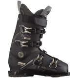 Salomon S-Pro-MV-100-Ski-Boots-2024 - Black ski boots with silver buckles and straps, featuring a textured pattern on the side.
