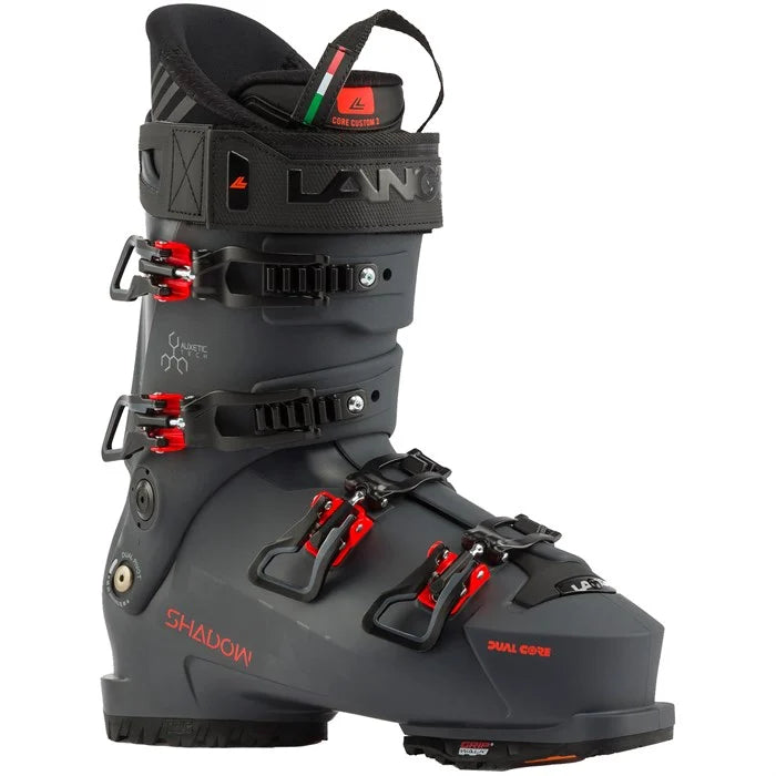 Lange Shadow 120 LV Ski Boots 2025 - Black ski boots with silver buckles and straps.