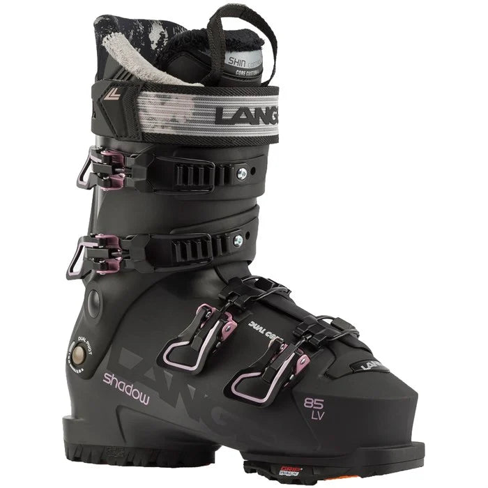 Lange Women's Shadow 85 LV Ski Boot 2025 - Black ski boot with white accents and a textured pattern on the tongue.