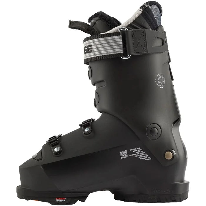 Lange Women's 85 MV Ski Boot 2025 - Black ski boot with white logo on top strap and silver buckles.