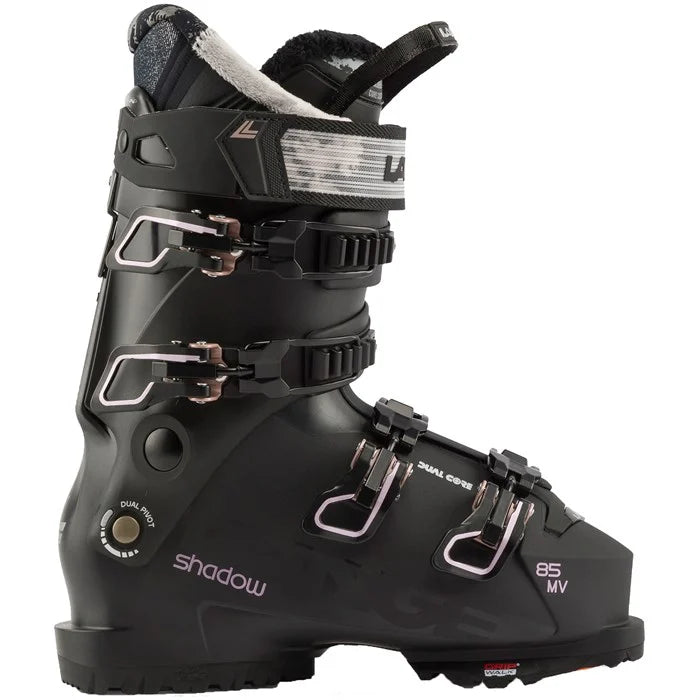 Lange Women's 85 MV Ski Boot 2025 - Black ski boot with silver buckles and straps.