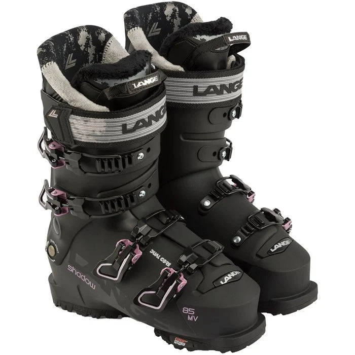 Lange Women's 85 MV Ski Boot 2025 - Black ski boot with white logo on top cuff and silver buckles.