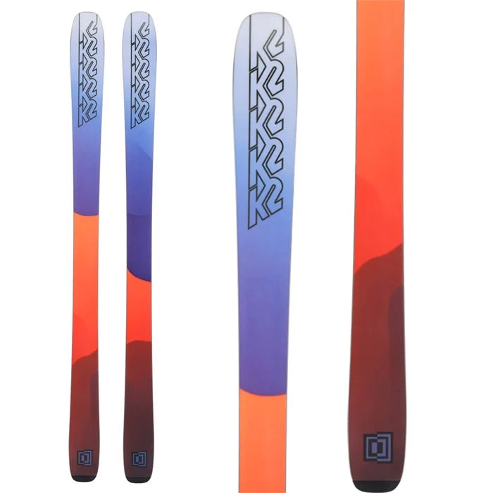 K2 Mindbender 96C skis feature a distinctive orange and blue design.