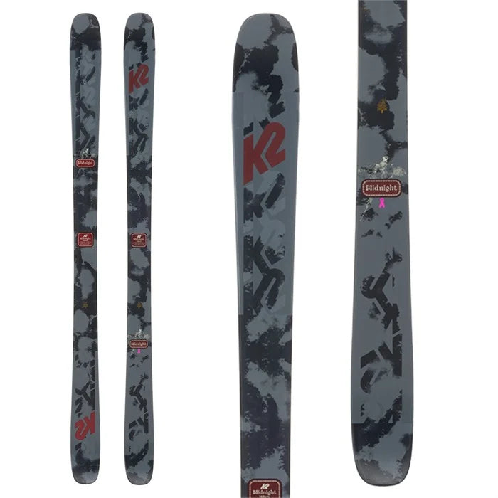 K2 Midnight skis feature a dark gray and black graphic design.