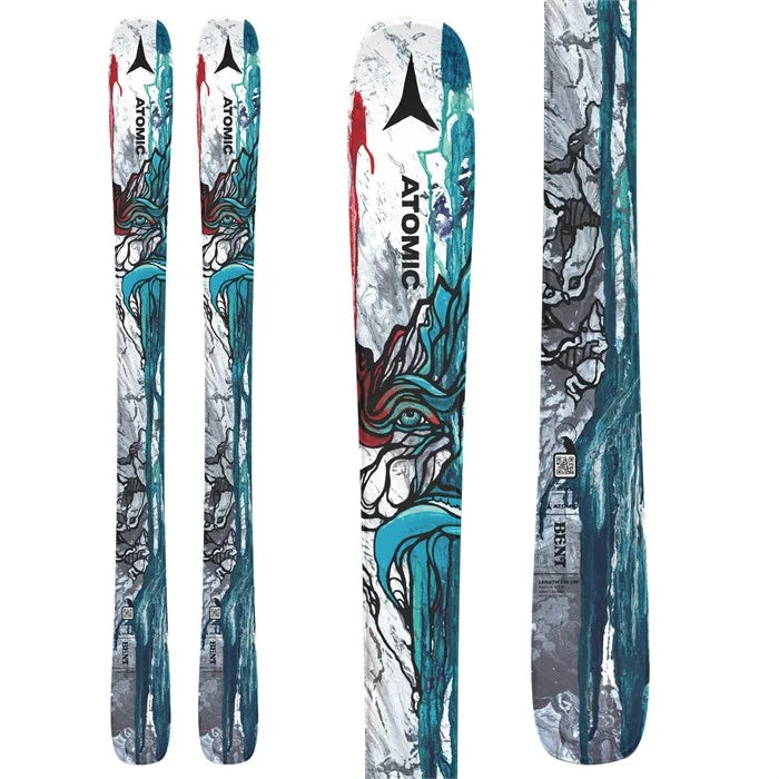 Atomic Junior Bent Chetler Flat Ski 2023-2024 - A white ski with a black and red logo at the top, featuring a blue graphic of a skier on the side.