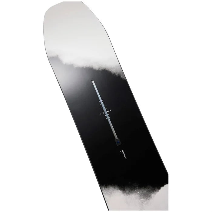Burton Family Tree High Fidelity Snowboard 2025 - A black and white snowboard with a gradient effect from top to bottom, featuring a distinctive blue logo on the center of the board.