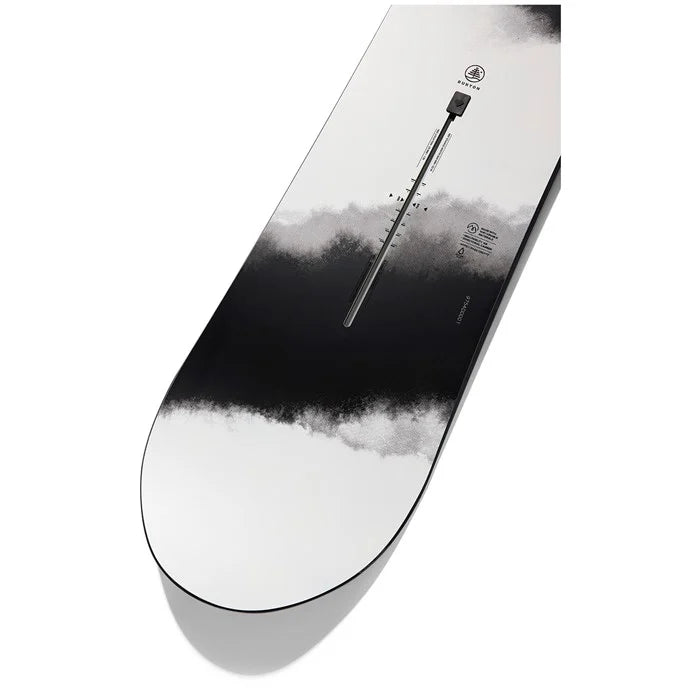 Burton Family Tree High Fidelity Snowboard 2025 - A black and white snowboard with a cloud pattern on its top sheet, featuring a distinctive logo at the top of the board.
