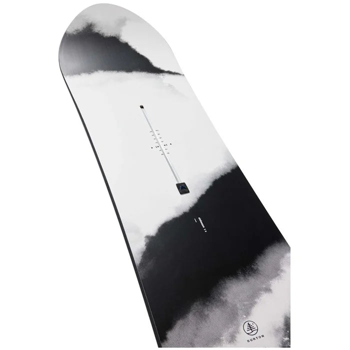 Burton Family Tree Alekesam Snowboard 2025 - A black and white snowboard with a mountainous landscape design on its top surface.