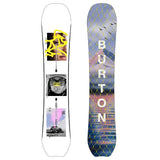 Burton Women's Story Board Snowboard 2025 - A white snowboard with a collage of images, including a woman's face and a pink splatter design.