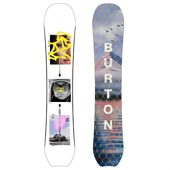 Burton Women's Story Board Snowboard 2025 - A white snowboard with a collage of images, including a woman's face and a pink splatter design.