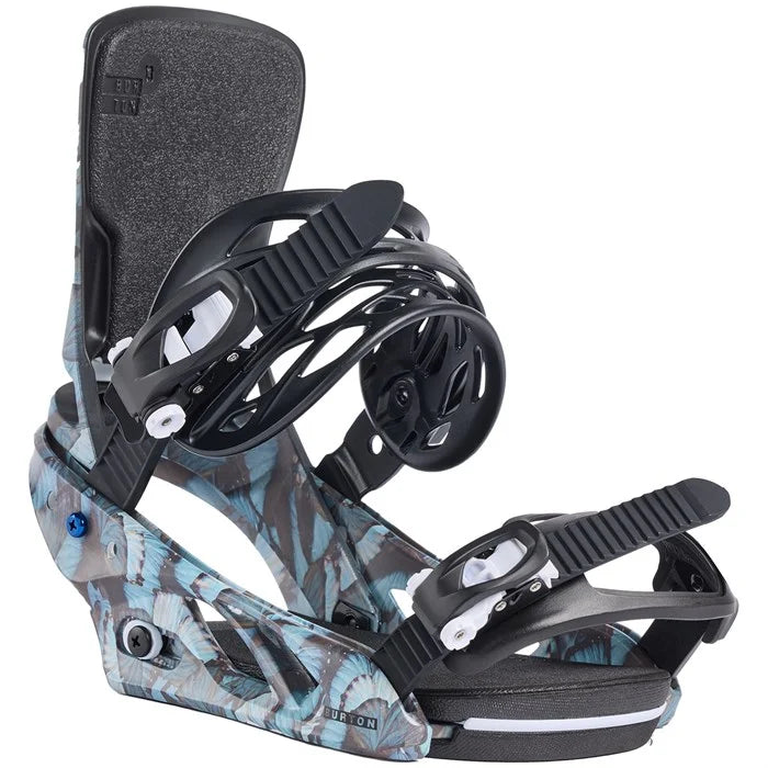 Burton Women's Lexa Snowboard Bindings - A pair of black bindings with a blue floral pattern on the baseplate and straps.