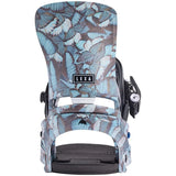 Burton Women's Lexa Snowboard Bindings - A pair of snowboard bindings with a light blue and brown butterfly wing pattern on the straps, featuring black buckles and a white baseplate.