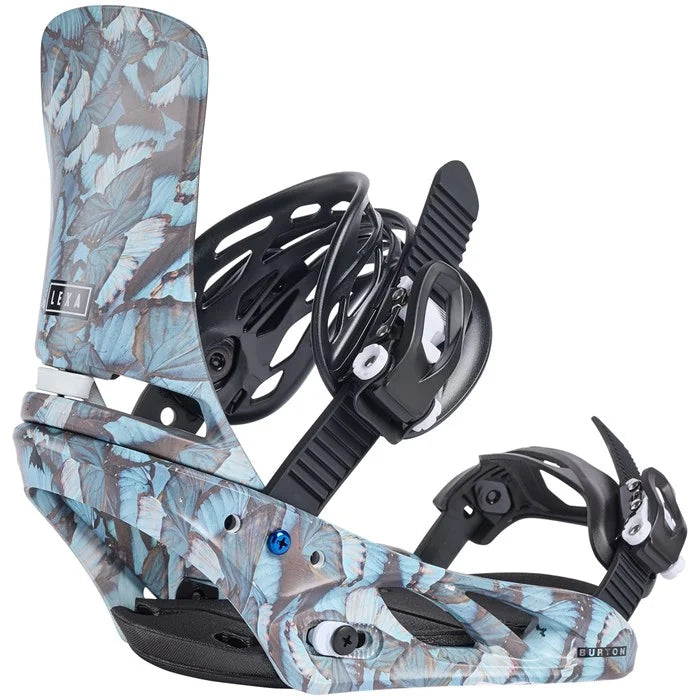 Burton Women's Lexa Snowboard Bindings - A pair of black snowboard bindings with a white logo on the top strap and a silver buckle.