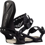 Arbor Women's Acacia Bindings - Black bindings with white lettering and a circular logo on top left corner of binding.
