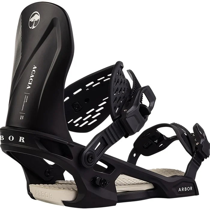 Arbor Women's Acacia Bindings - Black bindings with white lettering and a circular logo on top left corner of binding.