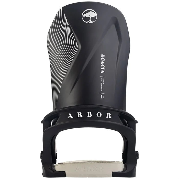Arbor Women's Acacia Bindings 2026 - Black bindings with white stripes on the top strap and a circular logo featuring an image of a tree in the upper left corner.