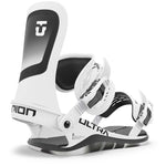 Union Ultra Snowboard Bindings - White bindings with black accents, featuring a distinctive "U" logo on top of left binding.