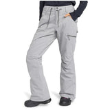 Roxy Women's Nadia Insulated Pant - A pair of light gray snow pants with a zippered pocket on the right thigh and two zippered pockets at the waist.