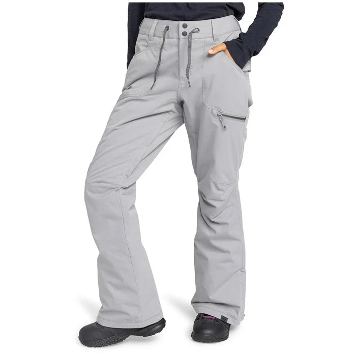 Roxy Women's Nadia Insulated Pant - A pair of light gray snow pants with a zippered pocket on the right thigh and two zippered pockets at the waist.