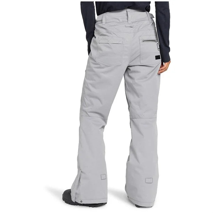Roxy Women's Nadia Insulated Pant 2025 - A pair of light gray snow pants with a zippered pocket on the right side and a small black square logo near the bottom left.