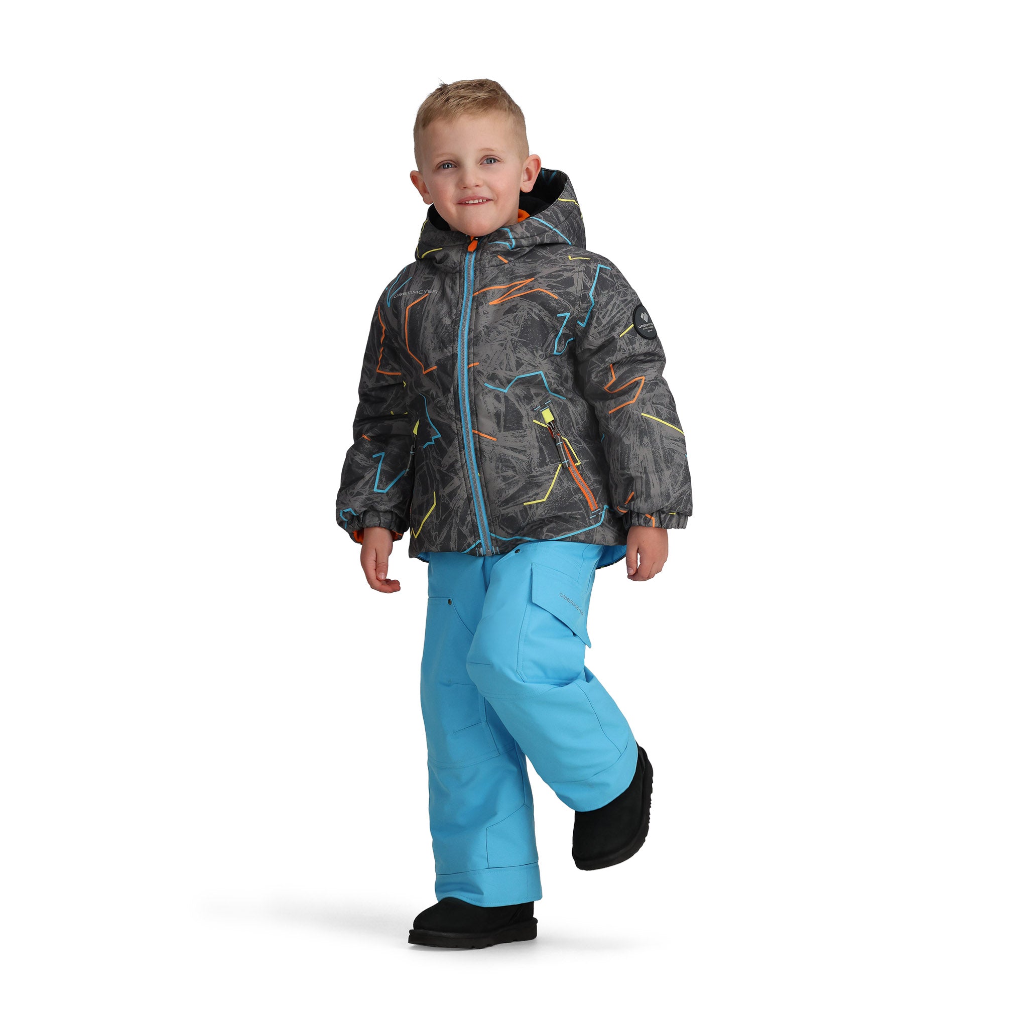 Obermeyer Junior's Ashor Insulated Jacket - A black jacket with a subtle gray pattern and neon orange, blue, and yellow accents.