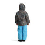 Obermeyer Junior's Ashor Insulated Jacket - A black jacket with a geometric pattern of neon blue, orange, and yellow lines on a gray background.