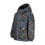 Obermeyer Junior's Ashor Insulated Jacket 2025 - A black insulated jacket with a geometric pattern of blue, orange, and yellow lines.