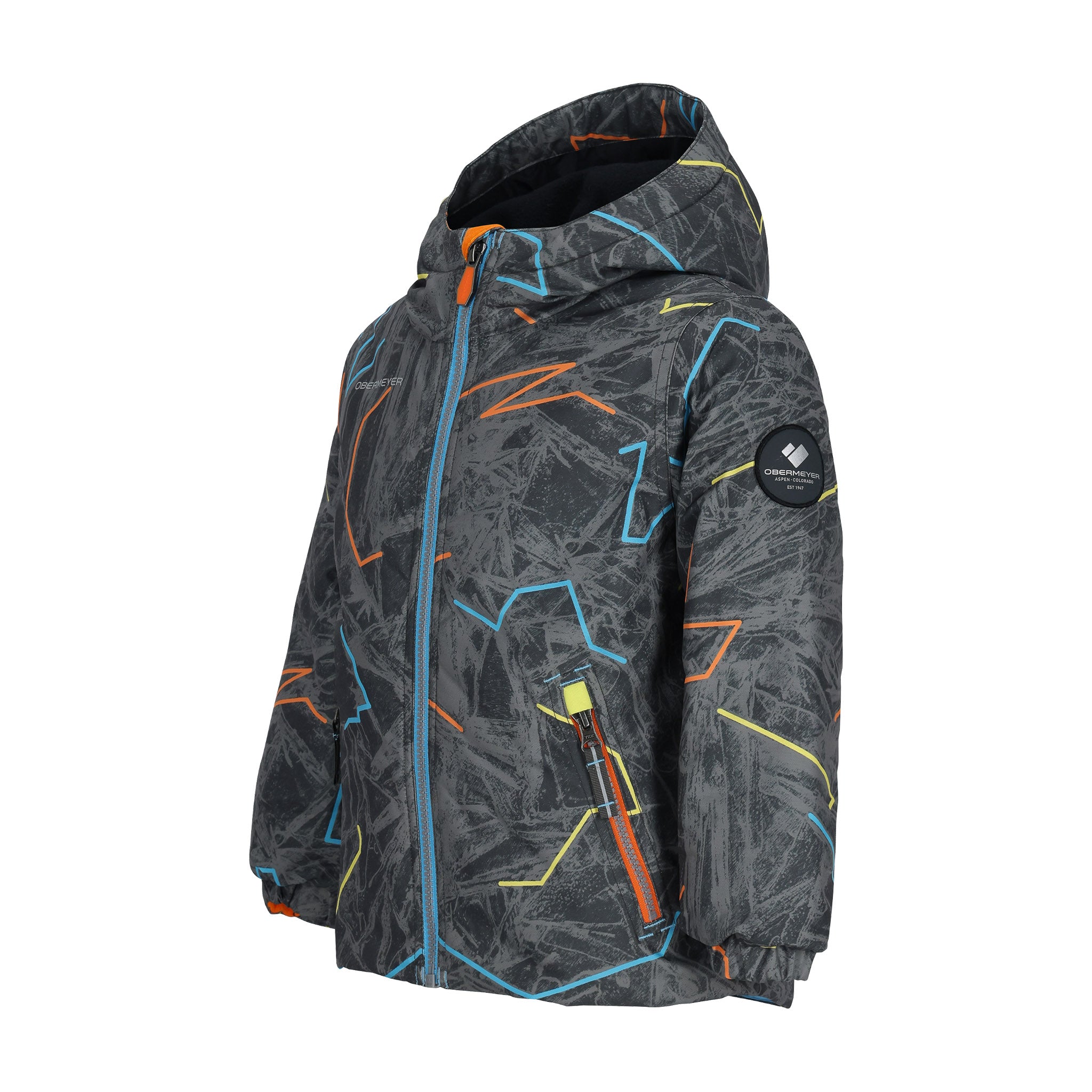 Obermeyer Junior's Ashor Insulated Jacket 2025 - A black insulated jacket with a geometric pattern of blue, orange, and yellow lines.