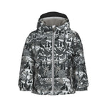 Obermeyer Junior's Ashor Insulated Jacket 2025 - A black and white winter-themed jacket with a hood, featuring a pattern of trees, mountains, and cabins in various shades of gray.