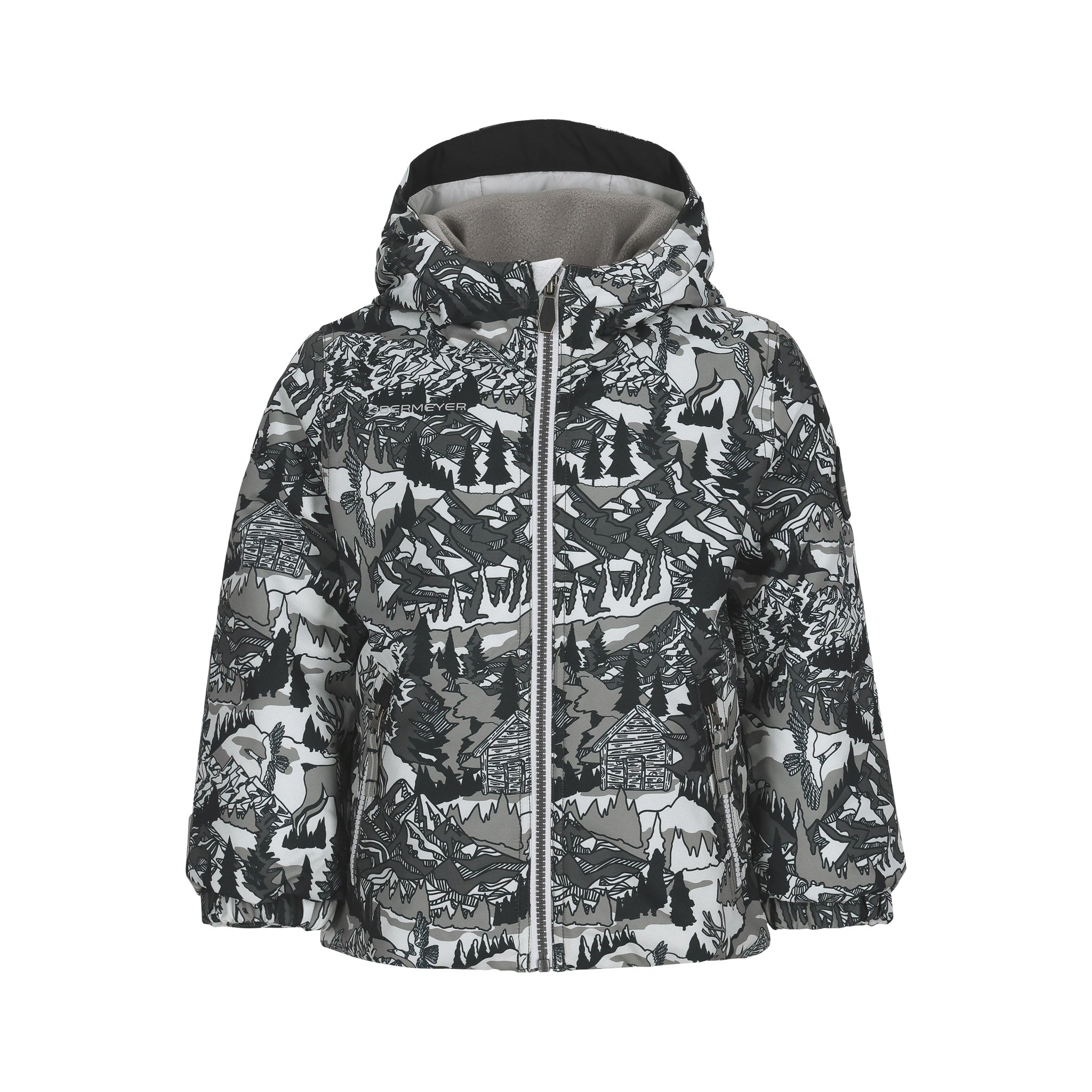 Obermeyer Junior's Ashor Insulated Jacket 2025 - A black and white winter-themed jacket with a hood, featuring a pattern of trees, mountains, and cabins in various shades of gray.