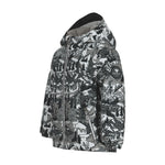 Obermeyer Junior's Ashor Insulated Jacket 2025 - A black and white winter-themed patterned jacket with a hood, featuring trees, mountains, and cabins.