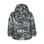 Obermeyer Junior's Ashor Insulated Jacket 2025 - A black and white winter-themed jacket with a hood, featuring a pattern of trees, mountains, and animals in shades of gray and white.