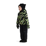 Obermeyer Junior's Ashor Insulated Jacket - A green and black camouflage patterned jacket with a hood, featuring neon yellow zippers and trim.