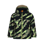 Obermeyer Junior's Ashor Insulated Jacket 2025 - A green and black camouflage patterned jacket with a hood, featuring an orange zipper on the front.