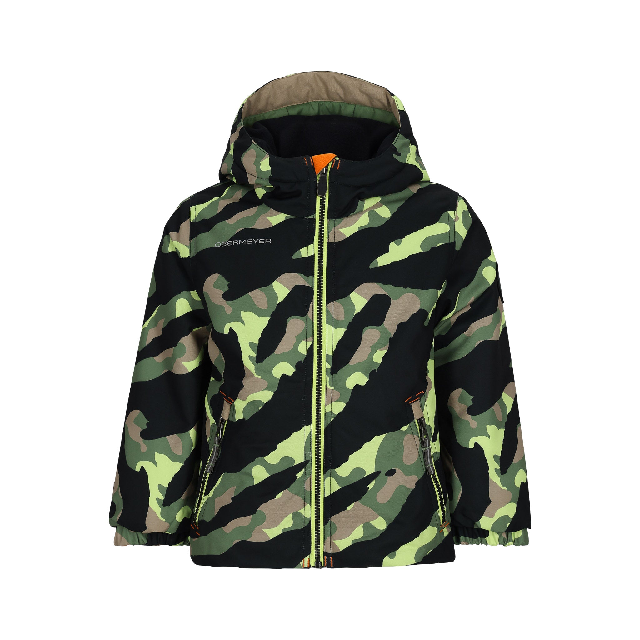 Obermeyer Junior's Ashor Insulated Jacket 2025 - A green and black camouflage patterned jacket with a hood, featuring an orange zipper on the front.