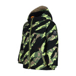 Obermeyer Junior's Ashor Insulated Jacket 2025 - A black insulated jacket with a camouflage pattern of green, brown, and gray shapes.