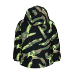 Obermeyer Junior's Ashor Insulated Jacket 2025 - A green and black camouflage patterned jacket with a hood, featuring a zip closure at the front.