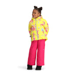 Obermeyer Junior's Ashor Insulated Jacket - A bright yellow jacket with a repeating pattern of pink and white deer, featuring a blue zipper and two zippered pockets on either side.