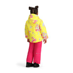 Obermeyer Junior's Ashor Insulated Jacket - A bright yellow jacket with a hood, featuring a pattern of pink and blue flowers and leaves.
