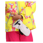 Obermeyer Junior's Ashor Insulated Jacket - A bright yellow jacket with a red fox print and blue outline, featuring a zipper down the front.