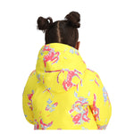 Obermeyer Junior's Ashor Insulated Jacket 2025 - A bright yellow jacket with a red and blue pattern of deer and leaves.