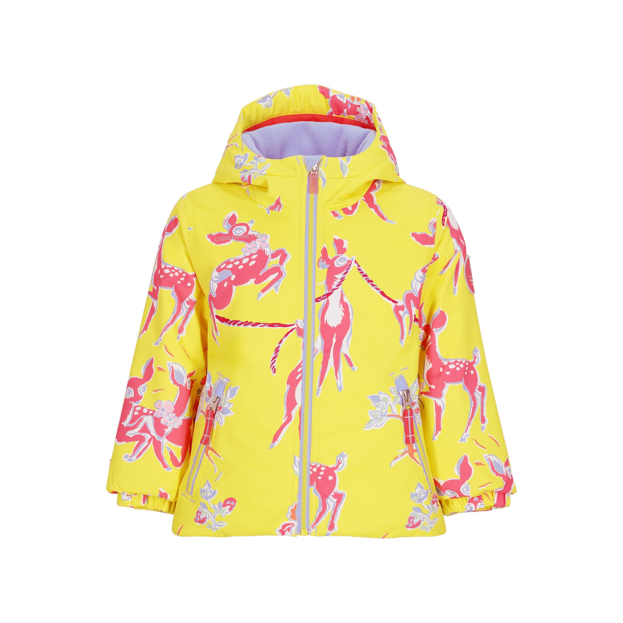 Obermeyer Junior's Ashor Insulated Jacket 2025 - A bright yellow jacket with a repeating pattern of pink deer and flowers, featuring a zipper down the front.